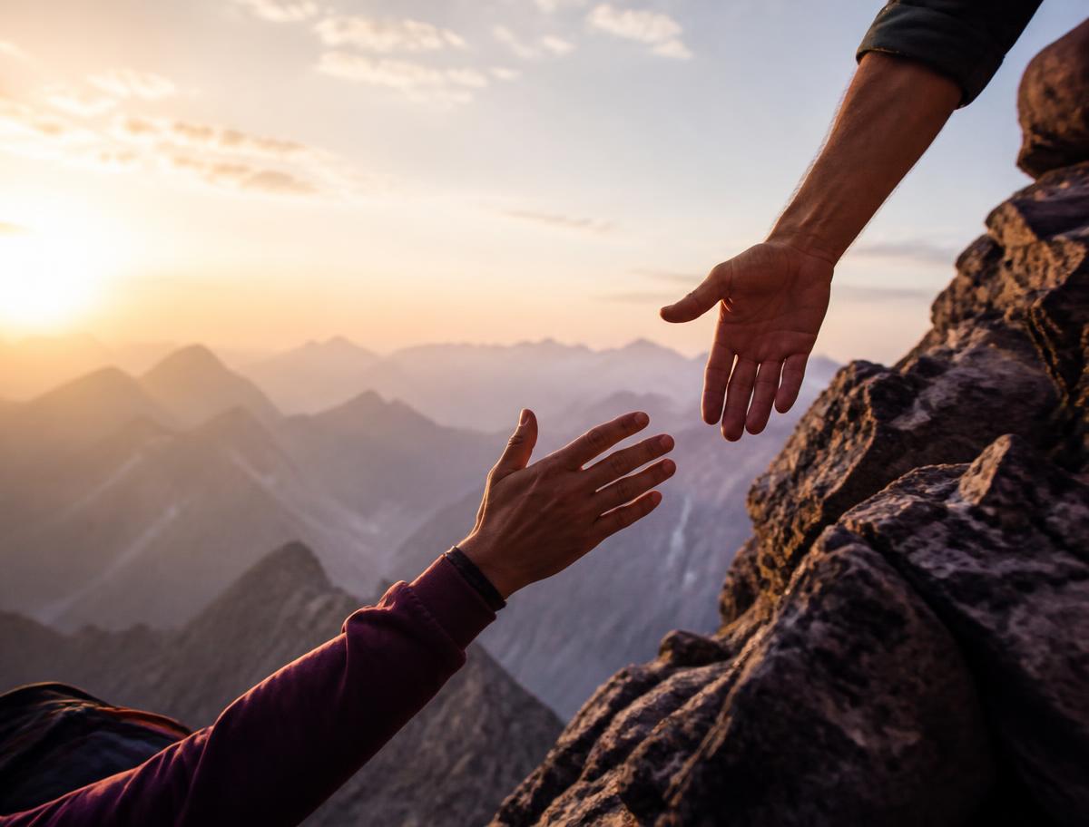 One climber reaching down to help another up a rock ledge at sunrise
